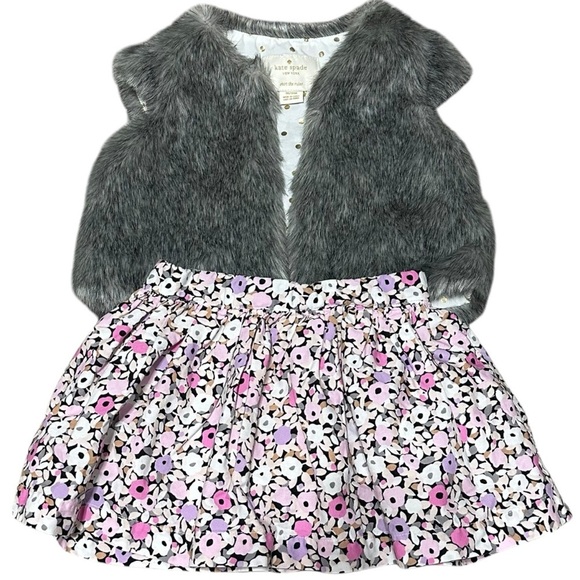 Kate Spade Skirt The Rules Set Baby Girl's 18M Gray Faux Fur Vest Floral‎ Skirt - Picture 1 of 9